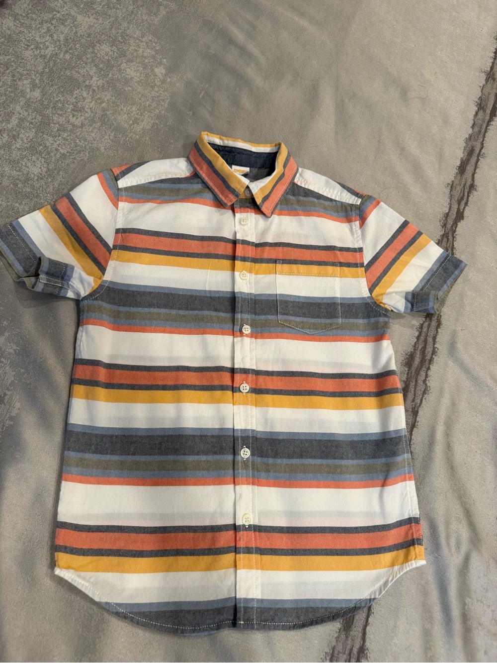Kid”s Short-Sleeve Button-Up Shirt in White with Yellow, Blue & Orange Stripes